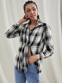 SHEIN Essnce Tartan Print Tie Front Blouse - Black and White - View 3