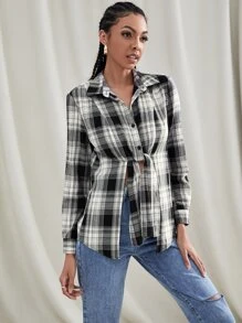 SHEIN Essnce Tartan Print Tie Front Blouse - Black and White - View 4