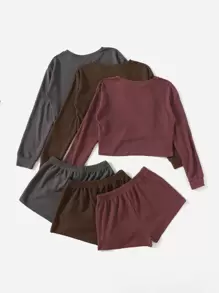 3 conjuntos Pijama con parte superior anudada de tejido tipo waffle unicolor