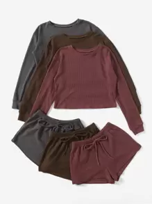 3 conjuntos Pijama con parte superior anudada de tejido tipo waffle unicolor