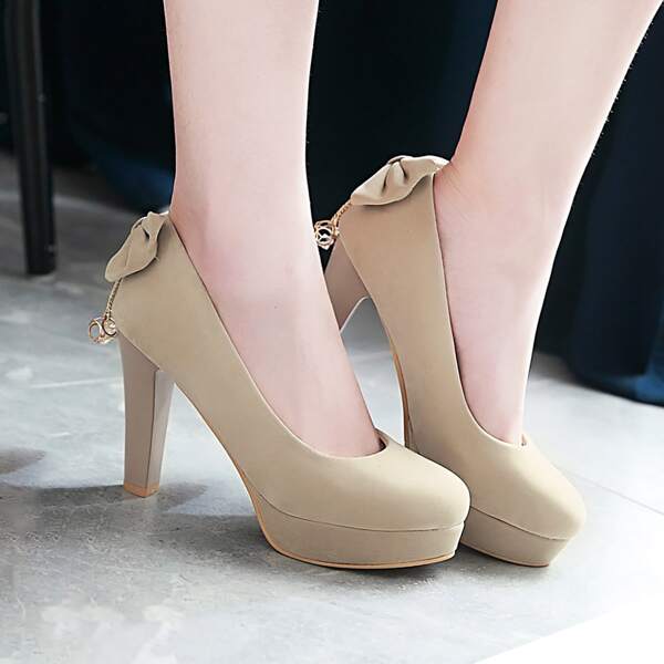 

Bow Decor Chunky Court Heels, Apricot