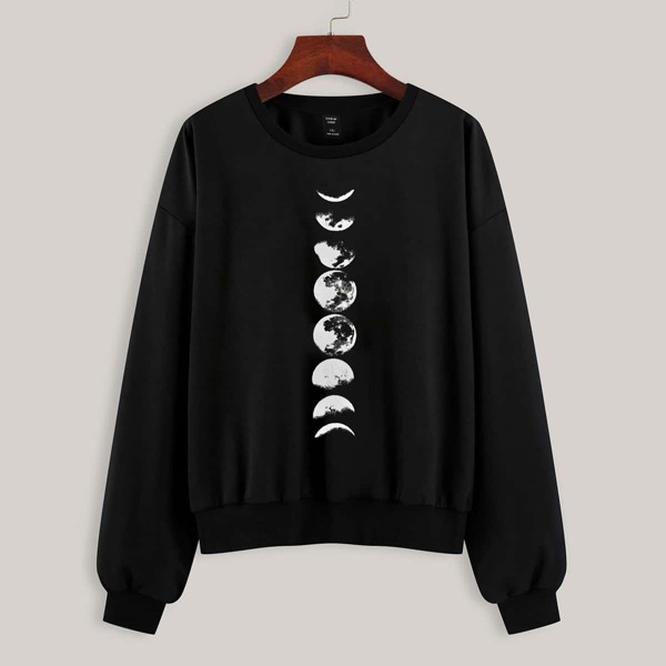 

Plus Moon Print Drop Shoulder Sweatshirt, Black