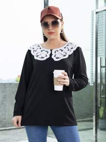 Camiseta con encaje en contraste cuello - Negro - Ver 3