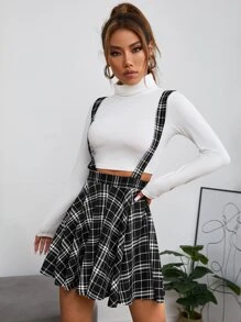 SHEIN PETITE Tartan Plaid Suspender Skirt - Black and White - View 3