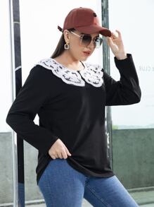 Camiseta con encaje en contraste cuello - Negro - Ver 1