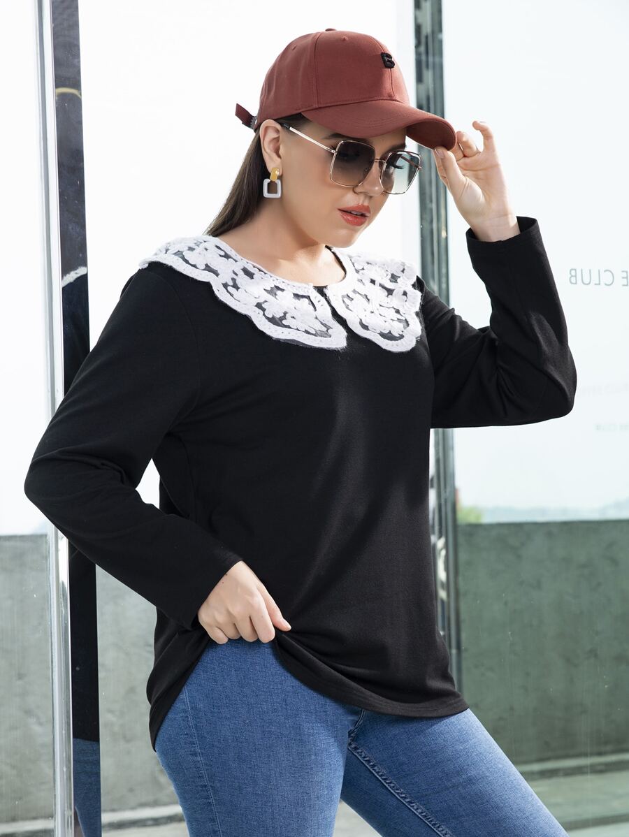 Camiseta con encaje en contraste cuello - Negro - Ver 1