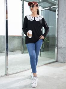 Camiseta con encaje en contraste cuello - Negro - Ver 4