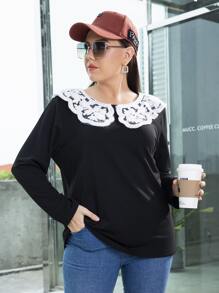 Camiseta con encaje en contraste cuello - Negro - Ver 7