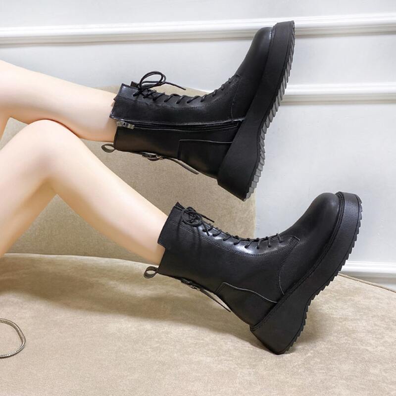

Side Zip Lace-up Front Wedge Combat Boots, Black
