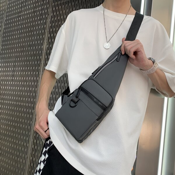 

Men Minimalist Double Pocket Sling Bag, Grey
