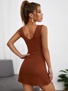 SHEIN PETITE Ribbed V-neck Fitted Dress - Rust Brown - View 2