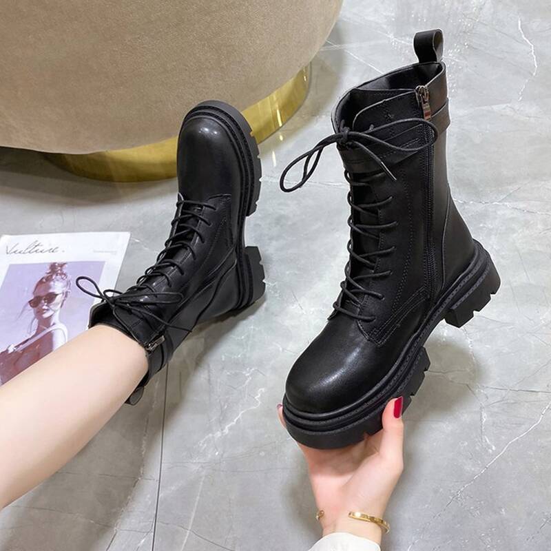 

Side Zip Lace-up Front Wedge Combat Boots, Black