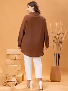 Mulvari Plus Solid Curved Hem Blouse Fall Cloth For Women - Coffee Brown - View 2