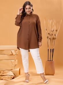 Mulvari Plus Solid Curved Hem Blouse Fall Cloth For Women - Coffee Brown - View 3