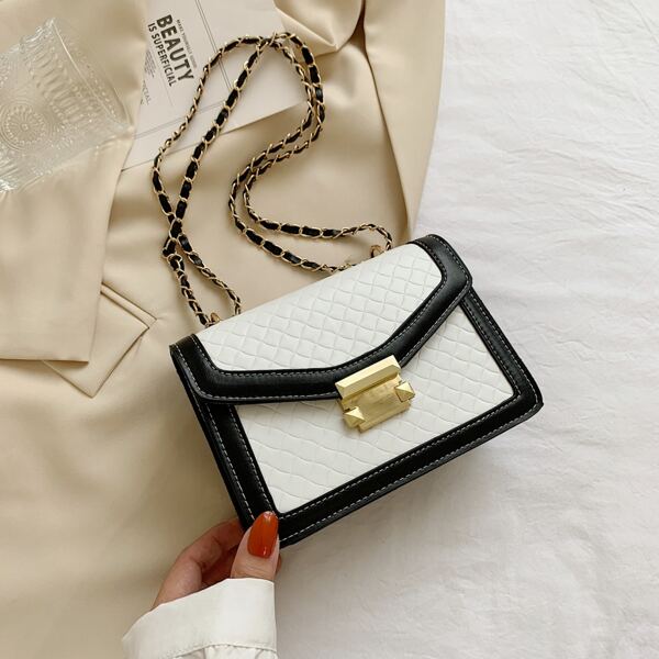 

Contrast Binding Textured Flap Square Bag, Black and white