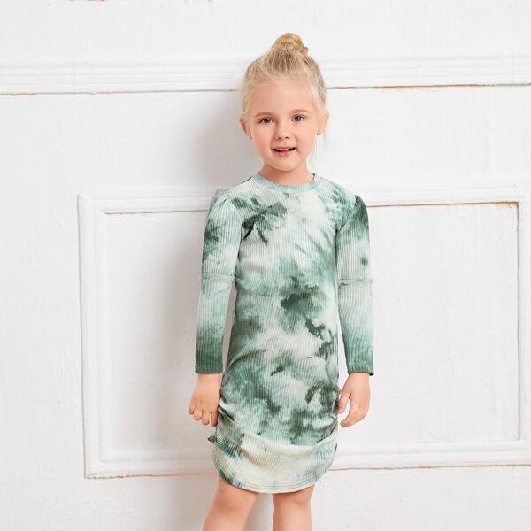 

Toddler Girls Tie Dye Ruched Side Ribbed Knit Dress, Green