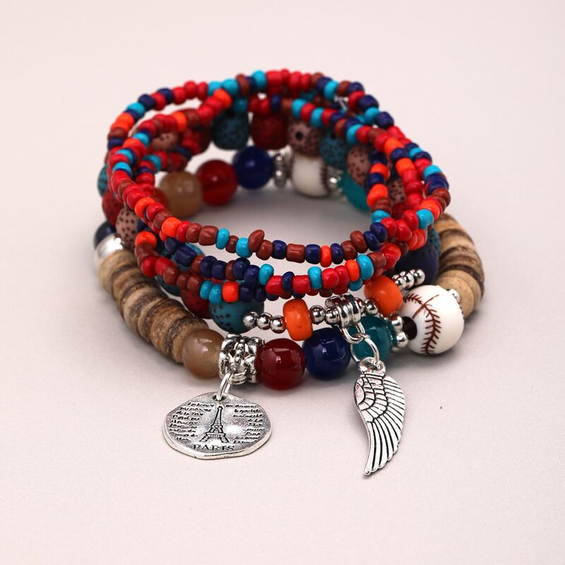 

5pcs Wing Charm Beaded Bracelet, Multicolor