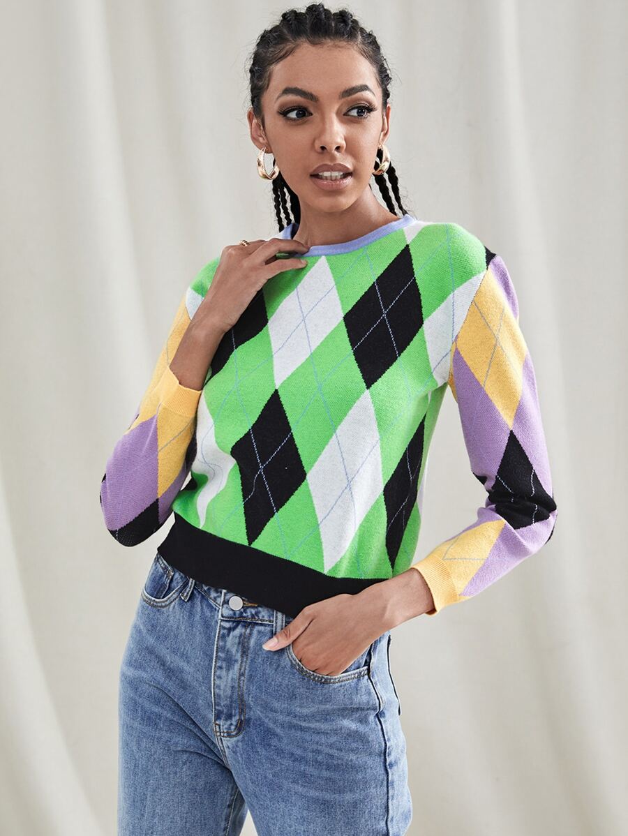 Colourblock Argyle Pattern Jumper - Multicolor - View 1