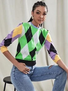 Colourblock Argyle Pattern Jumper - Multicolor - View 3