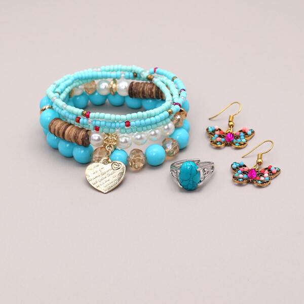 

5pcs Heart Charm Bracelet & Ring & Drop Earrings, Multicolor