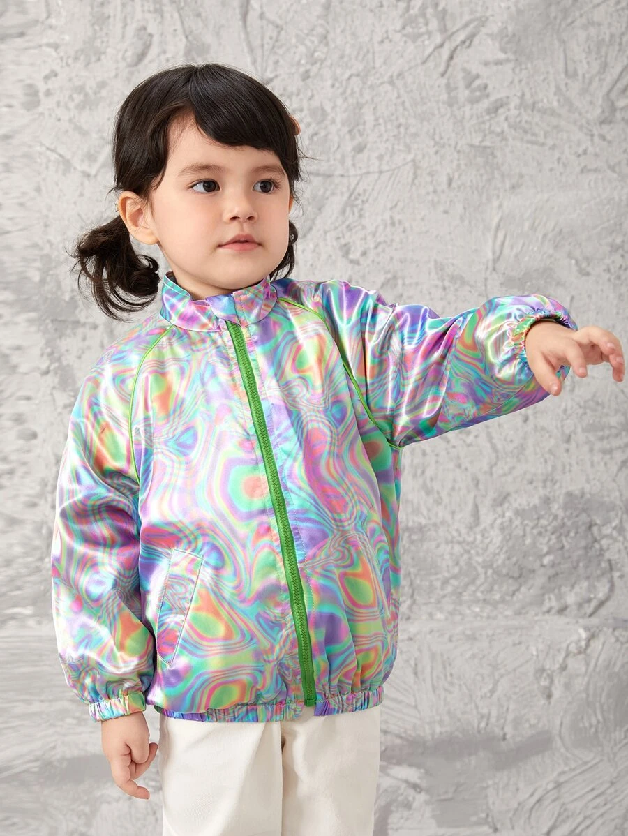 SHEIN Toddler Girls Holographic Allover Print Raglan Sleeve Jacket - Multicolor - View 1