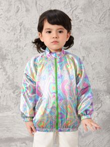 SHEIN Toddler Girls Holographic Allover Print Raglan Sleeve Jacket - Multicolor - View 3