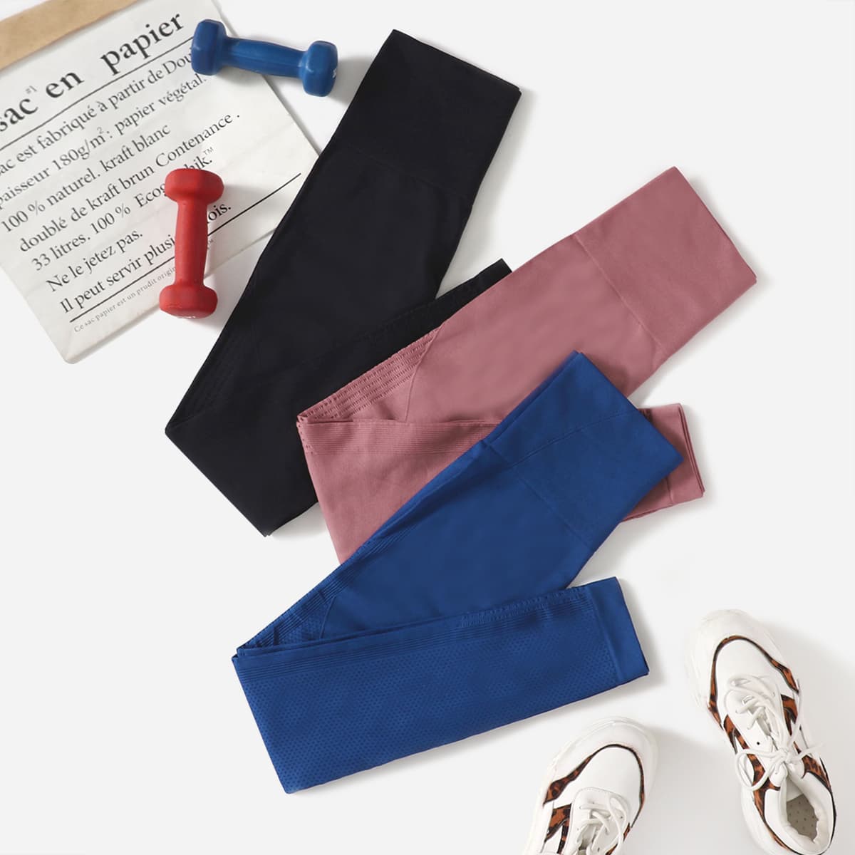 

3pcs Wide Waistband Sports Leggings, Multicolor