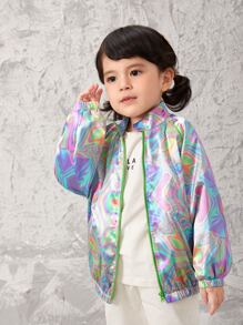 SHEIN Toddler Girls Holographic Allover Print Raglan Sleeve Jacket - Multicolor - View 4