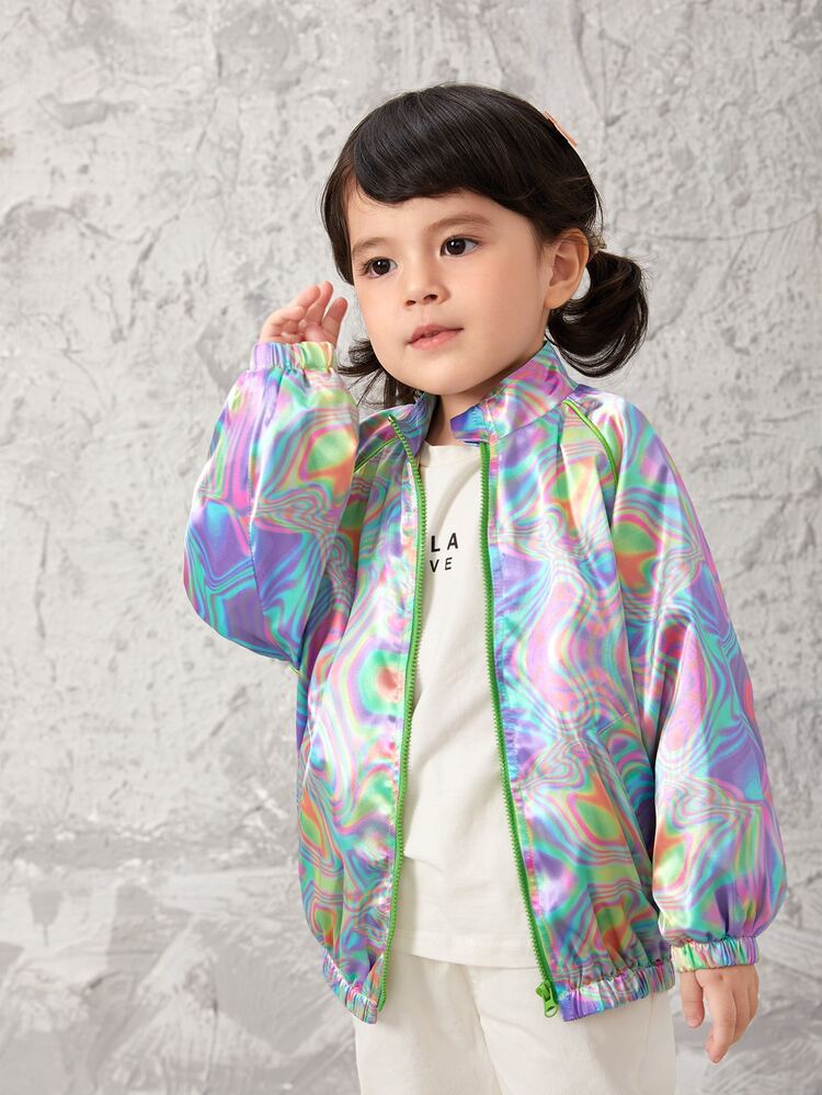 SHEIN Toddler Girls Holographic Allover Print Raglan Sleeve Jacket - Multicolor - View 4