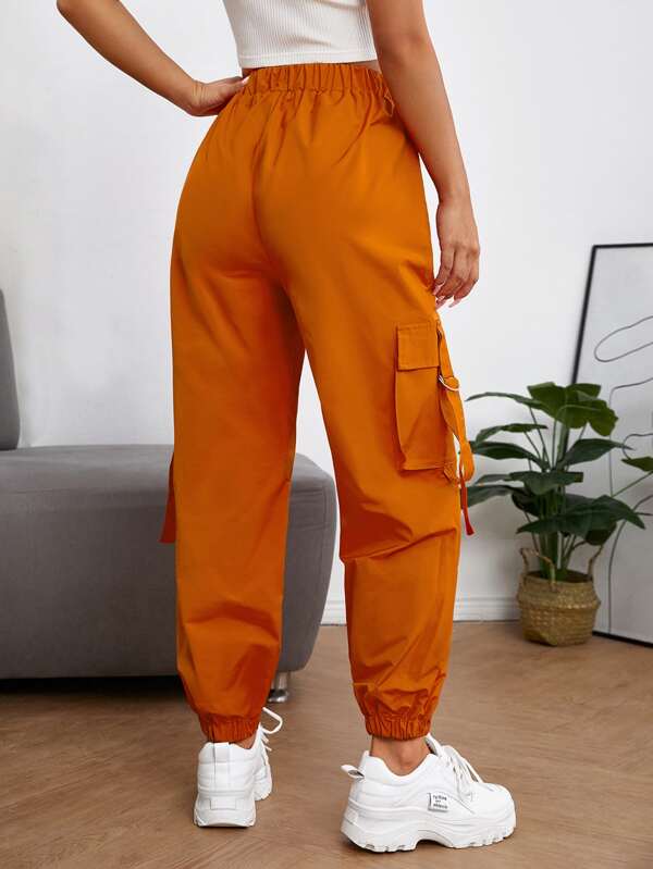 SHEIN PETITE Elastic Waist Flap Pocket Buckle Cargo Pants SHEIN USA