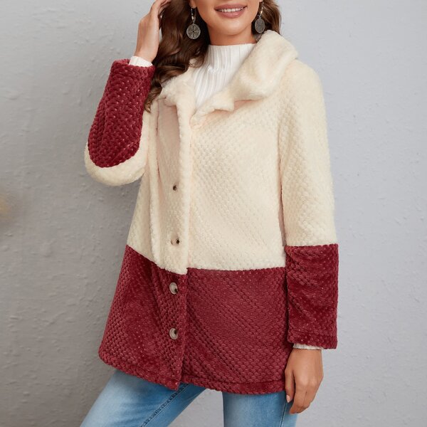 

Color Block Button Front Coat, Beige