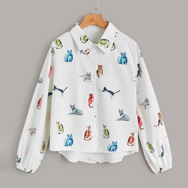 

Cat Print Button Up Blouse, Beige