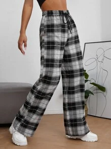 Muchica Plaid Print Drawstring Waist Trousers - Black and White - View 1
