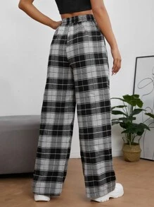 Muchica Plaid Print Drawstring Waist Trousers - Black and White - View 2