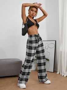Muchica Plaid Print Drawstring Waist Trousers - Black and White - View 3