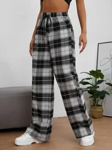 Muchica Plaid Print Drawstring Waist Trousers - Black and White - View 4