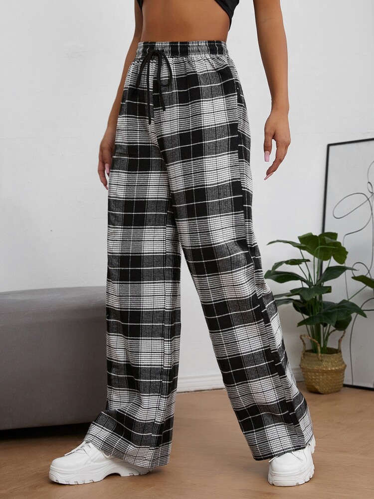 Muchica 格紋印花腰部抽繩長褲 - 黑與白 - 查看 4