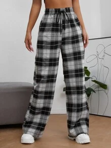 Muchica Plaid Print Drawstring Waist Trousers - Black and White - View 5