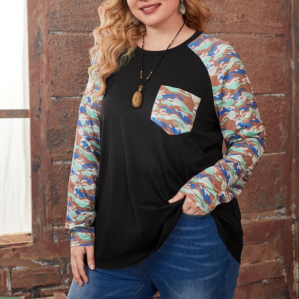 

Plus Camo Print Pocket Front Raglan Sleeve Tee, Black