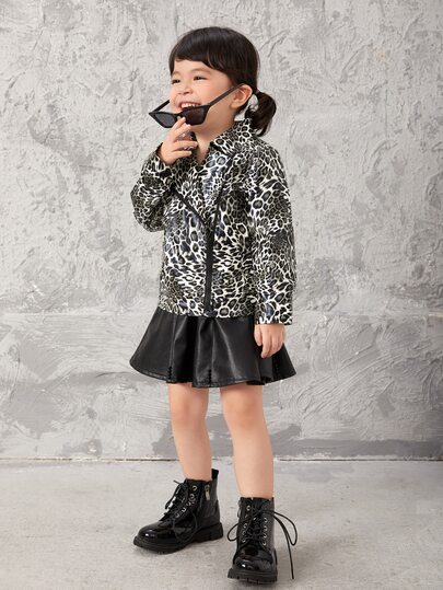 SHEIN Toddler Girls Leopard Print Moto Jacket