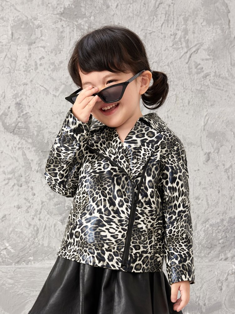 SHEIN Toddler Girls Leopard Print Biker Jacket - Black and White - View 5