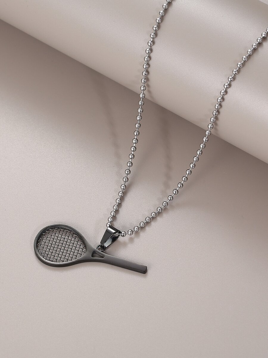 Tennis Racket Charm Necklace - Black - View 1