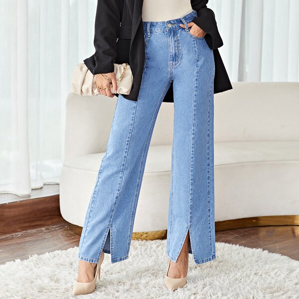 

Slant Pocket Split Hem Wide Leg Jeans, Light wash