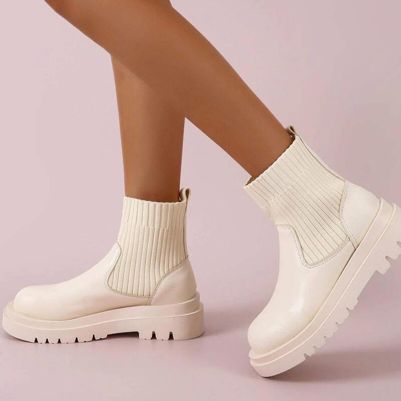 

Lace-up Front Platform Chelsea Boots, Beige