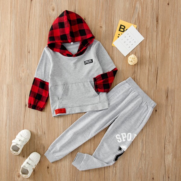 

Toddler Boys Buffalo Plaid Patched Detail Hoodie & Letter Graphic Sweatpants, Multicolor