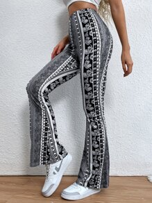 SHEIN VCAY Striped & Floral Print Flare Leg Trousers - Multicolor - View 6