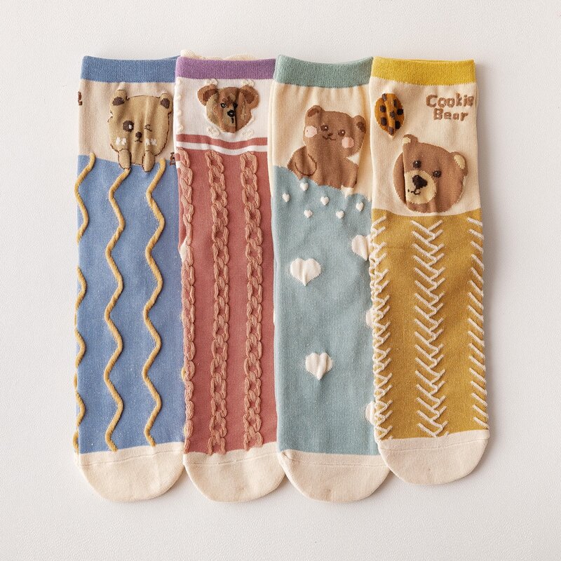 

4pairs Bear Print Crew Socks, Multicolor