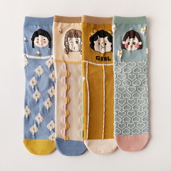 

4pairs Cartoon Graphic Crew Socks, Multicolor