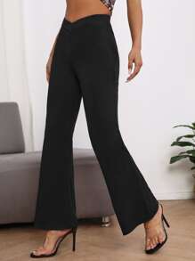 SHEIN PETITE Quần Bất đối xứng màu trơn Thanh lịch - màu đen - Xem 4