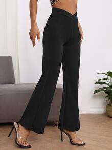 SHEIN PETITE Quần Bất đối xứng màu trơn Thanh lịch - màu đen - Xem 5